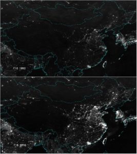 China satellite picture at night showing the development of Chinese cities