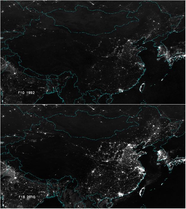 China satellite picture at night showing the development of Chinese cities 
