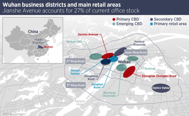 Map of Wuhan's business districts and retail areas. Economy of Wuhan