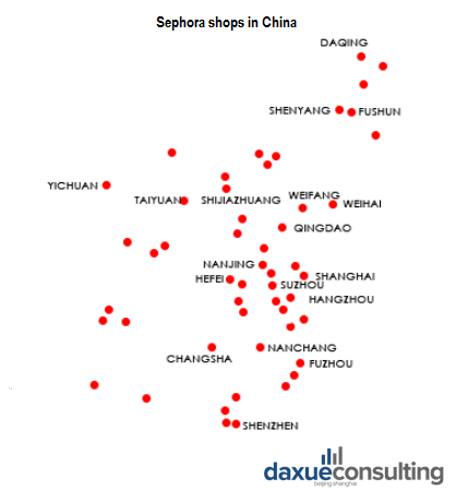 Locations of Sephora shops in China