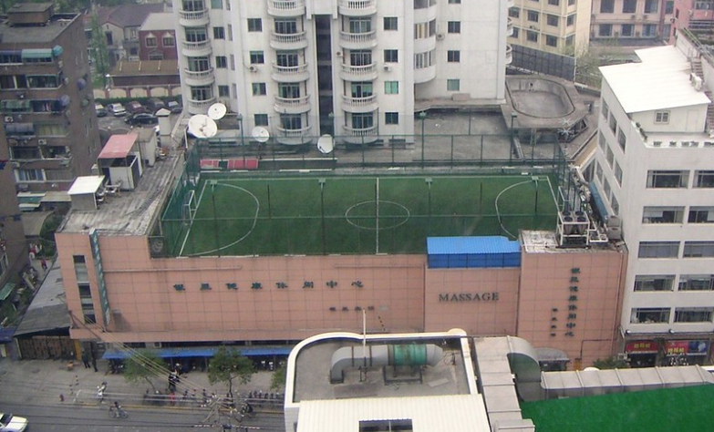 urban roof top football field in Shanghai, China