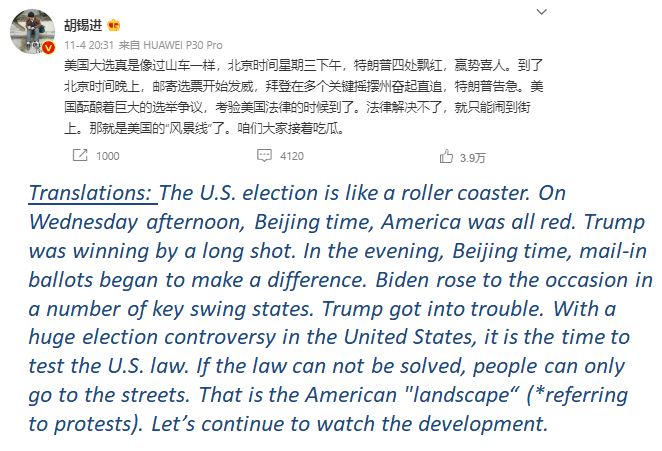 the most liked posts from Hu Xijin  What Chinese netizens say about the US 2020 election