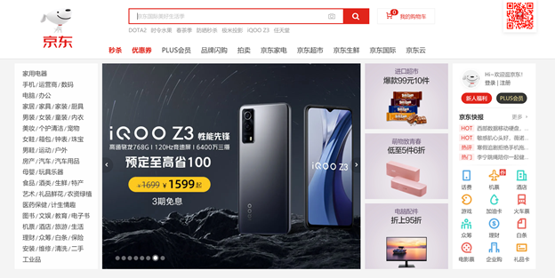 Screenshot of JD homepage e-commerce platforms in China