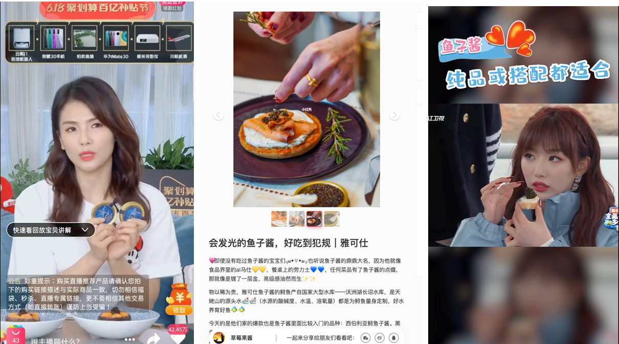 Taobao live stream of an actress promoting Kagula caviar, Xiaohongshu post introducing recipes for Frostista, Zhejiang TV show of idols testing Kaluga’s caviar