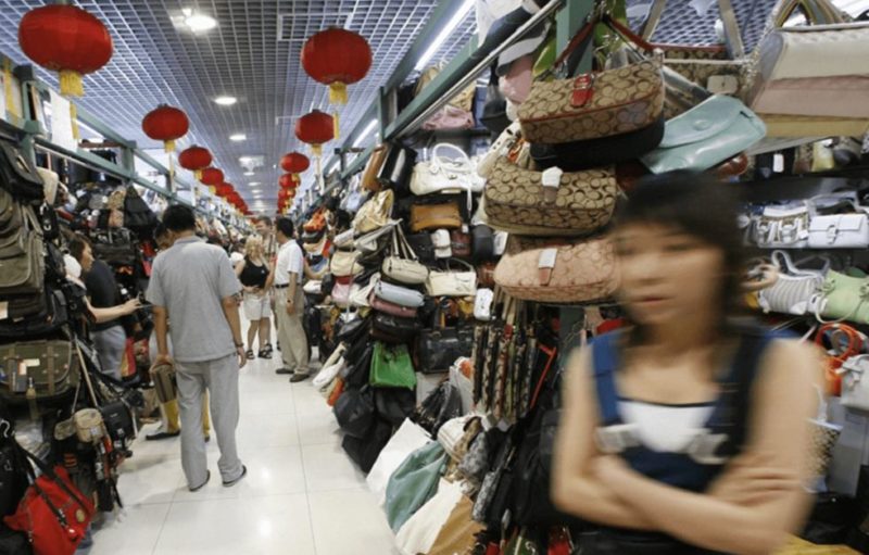 Handbag stalls in Beijing’s famous Silk Alley market