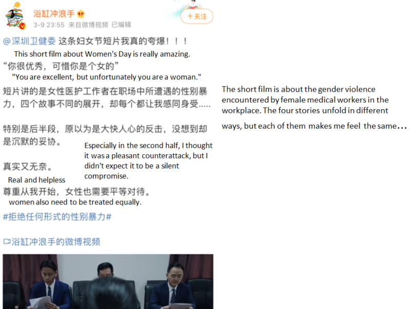 Source: Weibo, a video criticizing gender inequality in the job market,  2021 International Women's Day in China