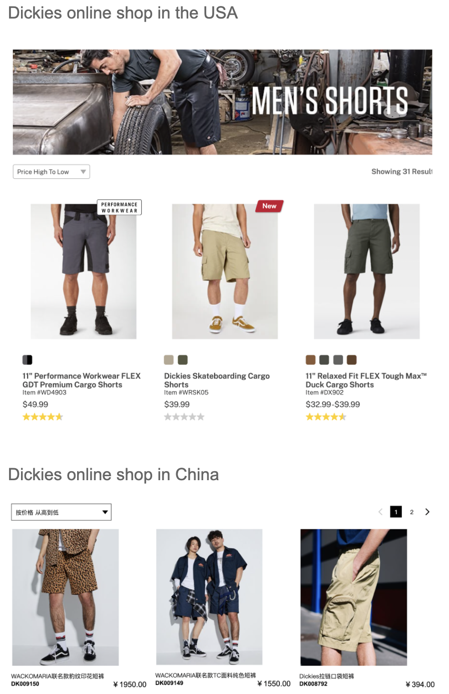 Source: Dickies US and China websites, Dickies’ different brand positioning in the US (top) and in China (bottom) price discrepancies in China 