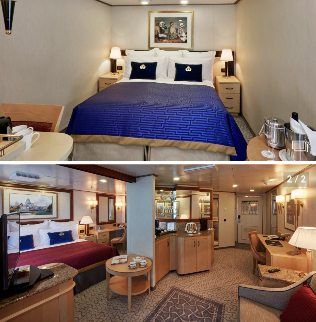 a comparison of the Britannia inside cabin (top) and the Queens Grill Suite (bottom) Chinese cruise industry