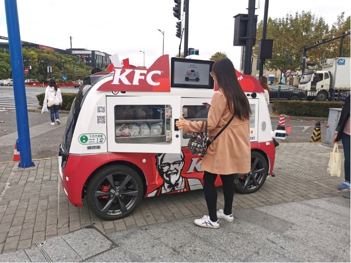 Driverless food trucks, such as the one above by fast food chain KFC, have seen a surge during the pandemic Autonomous driving in China