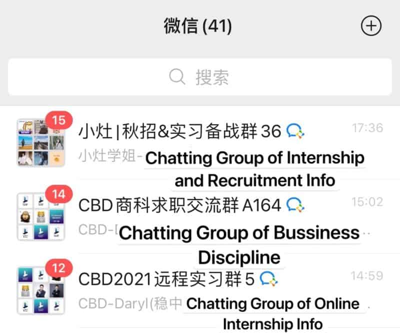 WeChat groups where people share information, experience and seminars on different subjects