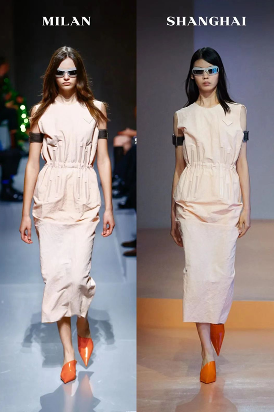 Two models simultaneously presented the same outfit on the runways of Milan and Shanghai  Prada