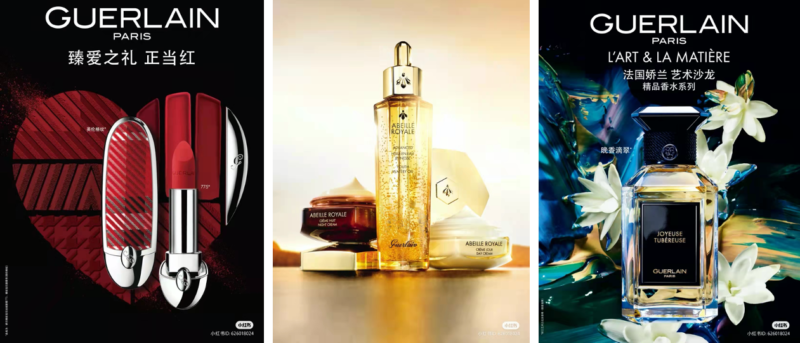 Guerlain’s skincare products post (center), Guerlain’s perfume post (right) 