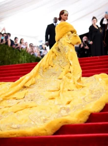 Rihanna wearing Guo Pei’s yellow gown