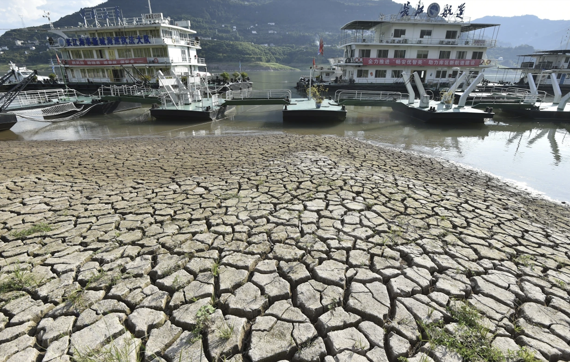 An exposed dried riverbed after the water level dropped in the Yangtze River in southwest China