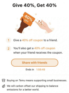 Temu app, “Give 40%, Get 40%”