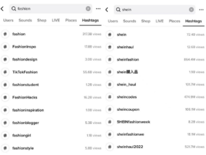 #fashion and #sheinfashion hashtags search results hits billions of views in TikTok