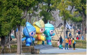 Games mascots in a park in Hangzhou