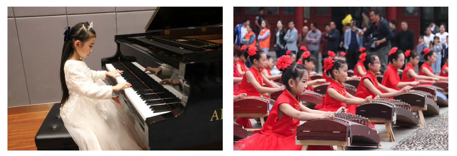 Children in China learning piano and guzheng from a young age for extracurricular activities

