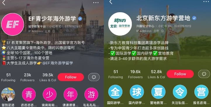 EF and New Oriental have a strong presence on local social media targeting educational tourism market in China